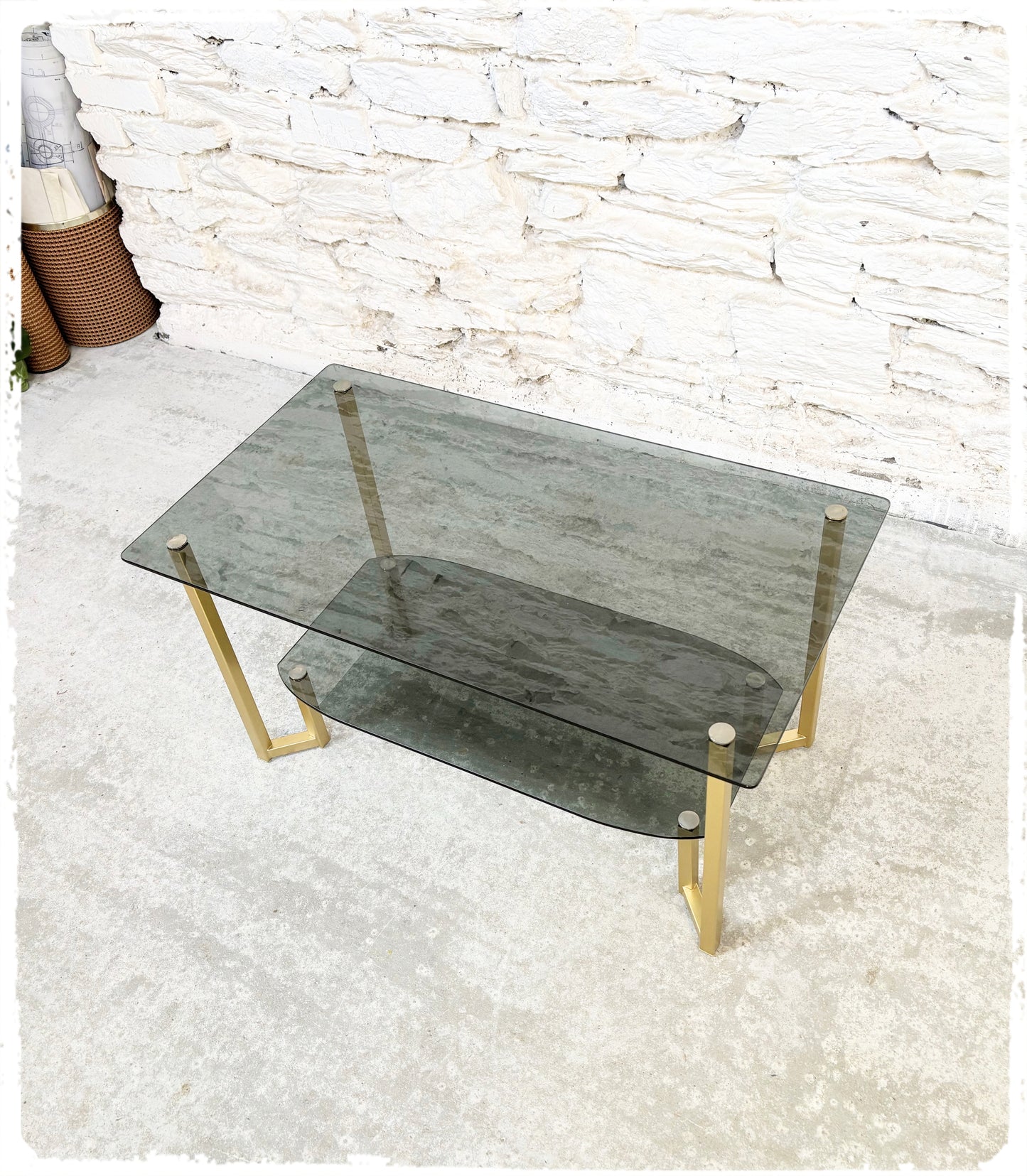 Table Basse Vintage Verre Fumé Métal Doré Années 70