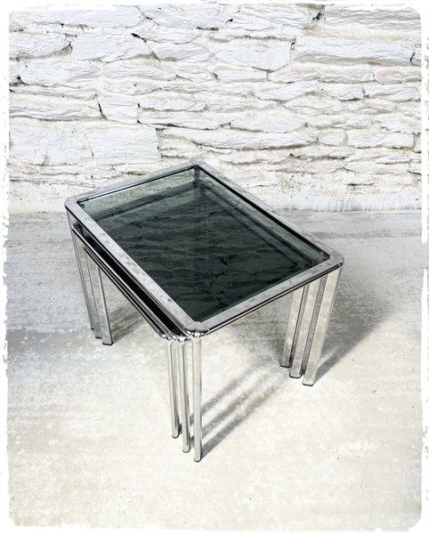 Tables Basses Gigognes Vintage Métal et Verre Fumé