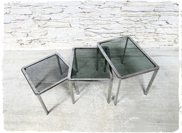 Tables Basses Gigognes Vintage Métal et Verre Fumé