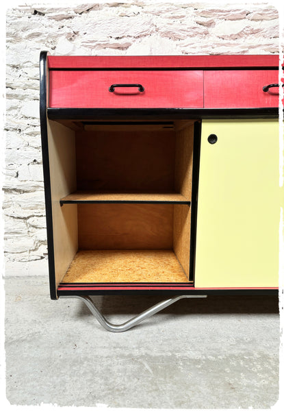 Buffet Vintage en Formica Jaune et Rouge Pieds Métal