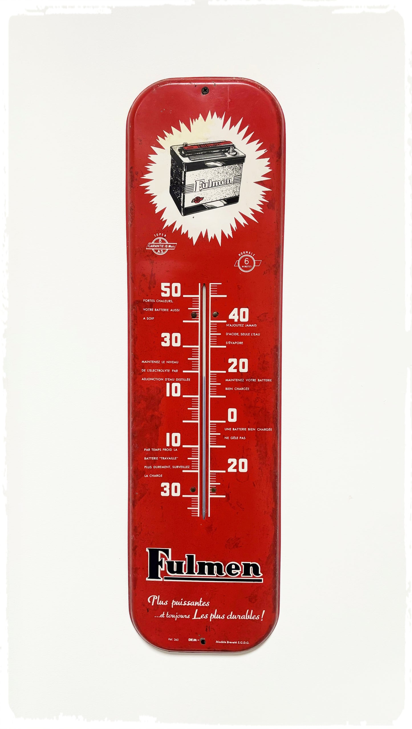 Ancien Grand Thermomètre Publicitaire Vintage Batterie FULMEN