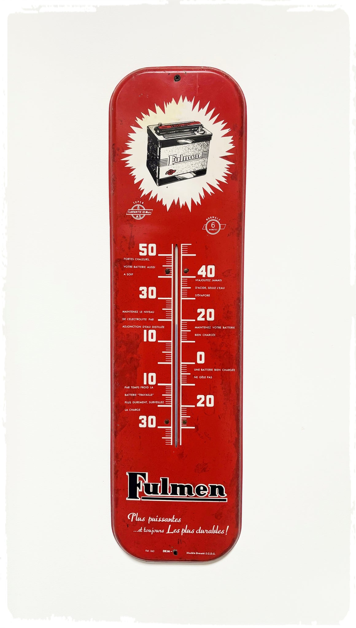Ancien Grand Thermomètre Publicitaire Vintage Batterie FULMEN