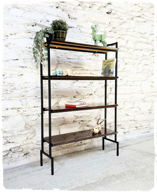 Bibliothèque Étagère Vintage en Métal et Formica Décor Palissandre Années 60
