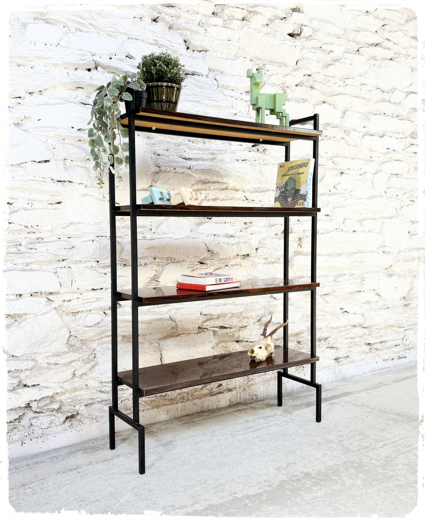 Bibliothèque Étagère Vintage en Métal et Formica Décor Palissandre