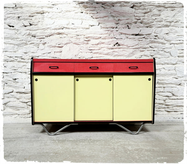 Buffet Vintage en Formica Jaune et Rouge Pieds Métal