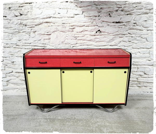 Buffet Vintage en Formica Jaune et Rouge Pieds Métal