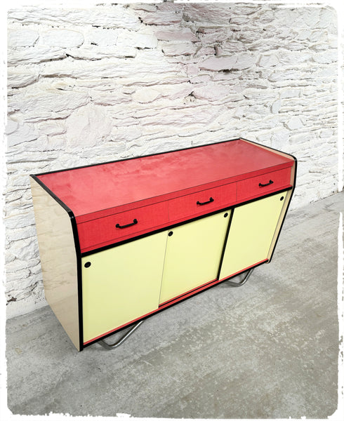 Buffet Vintage en Formica Jaune et Rouge Pieds Métal
