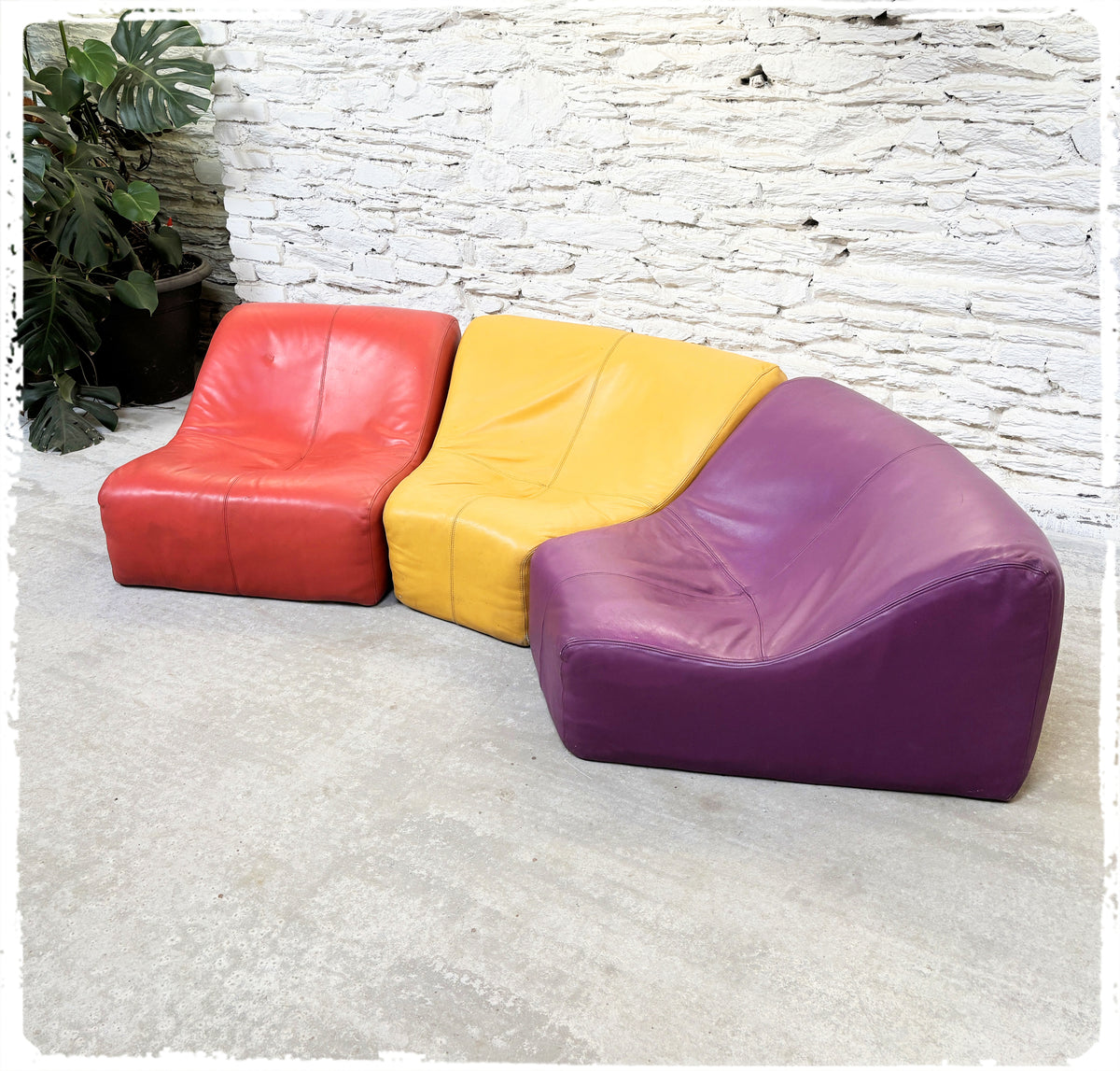 Ensemble de 3 Chauffeuses Modulables Vintage Années 70 en Cuir