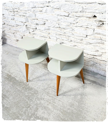 Table de Chevet Vintage Tripode Pieds Compas Revisitée Gris Vert Clair
