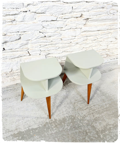 Table de Chevet Vintage Tripode Pieds Compas Revisitée Gris Vert Clair