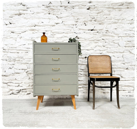 Chiffonnier Commode Vintage Pieds Compas Revisité Gris Vert