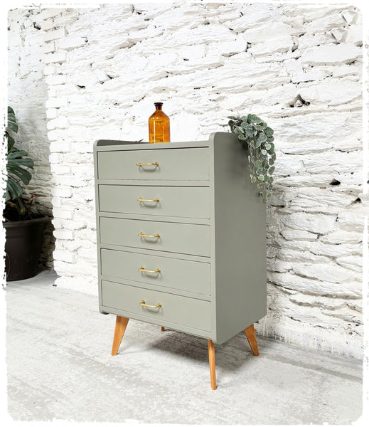Chiffonnier Commode Vintage Pieds Compas Revisité Gris Vert