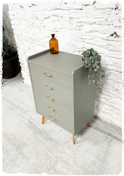 Chiffonnier Commode Vintage Pieds Compas Revisité Gris Vert