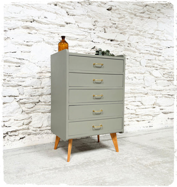 Chiffonnier Commode Vintage Pieds Compas Revisité Gris Vert