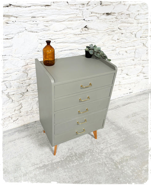 Chiffonnier Commode Vintage Pieds Compas Revisité Gris Vert