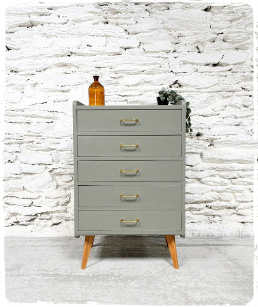 Chiffonnier Commode Vintage Pieds Compas Revisité Gris Vert