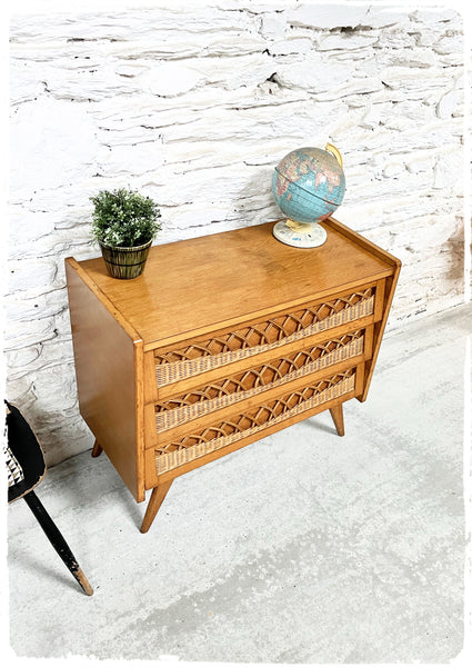 Commode Vintage Pieds Compas Bois et Rotin