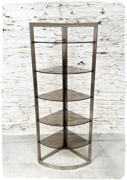 Grande Étagère Bibliothèque d'Angle Vintage Années 70  Métal Brossé et Verre Fumé