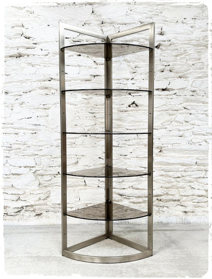 Grande Étagère Bibliothèque d'Angle Vintage Années 70  Métal Brossé et Verre Fumé