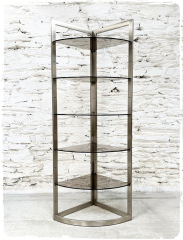 Grande Étagère Bibliothèque d'Angle Vintage Années 70  Métal Brossé et Verre Fumé