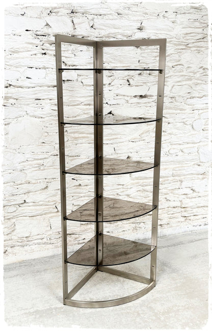 Grande Étagère Bibliothèque d'Angle Vintage Années 70  Métal Brossé et Verre Fumé