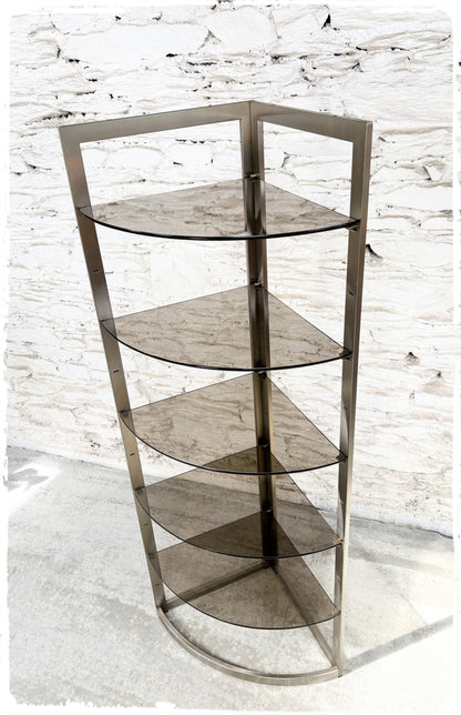 Grande Étagère Bibliothèque d'Angle Vintage Années 70  Métal Brossé et Verre Fumé