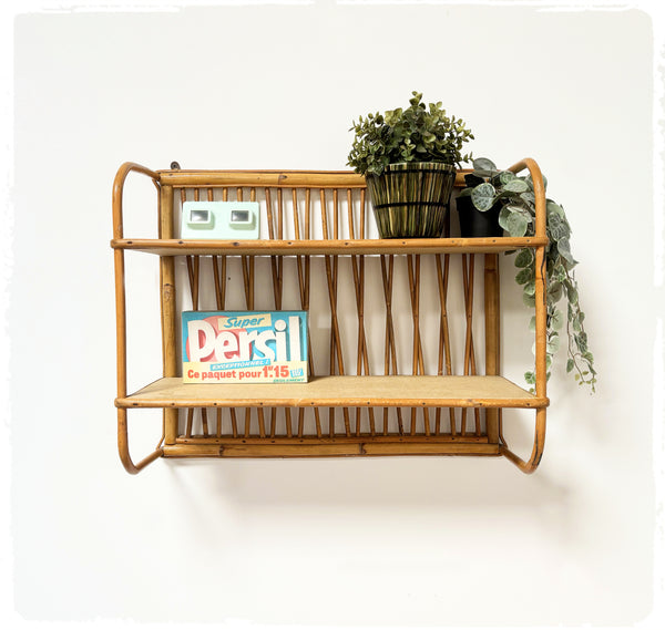 Étagère Double Vintage en Rotin Années 50