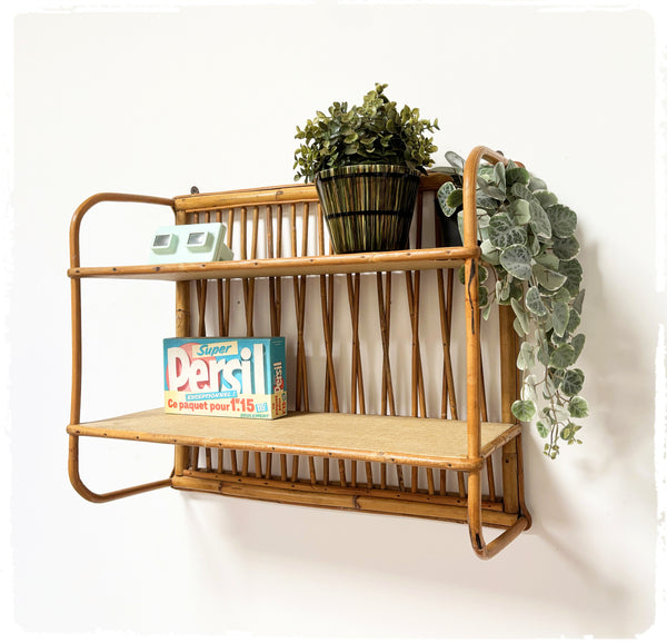 Étagère Double Vintage en Rotin Années 50