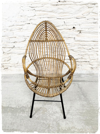 Fauteuil Coquille Vintage en Rotin Rohé Noordwolde Dossier Haut