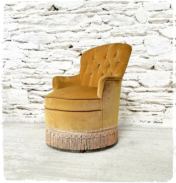 Fauteuil Crapaud Vintage Velours Jaune Moutarde