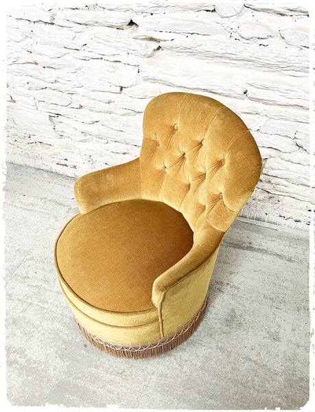 Fauteuil Crapaud Vintage Velours Jaune Moutarde