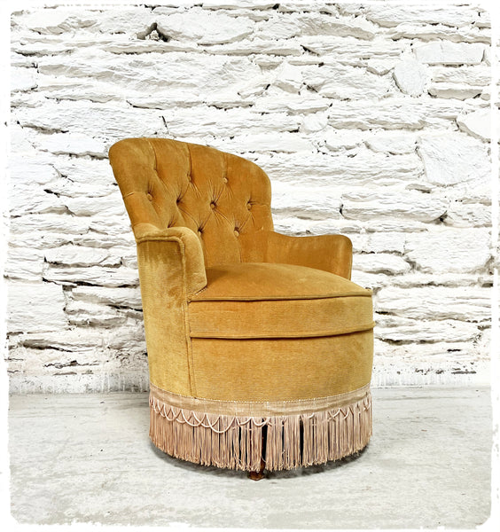 Fauteuil Crapaud Vintage Velours Jaune Moutarde