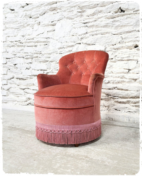 Fauteuil Crapaud Vintage Velours Rose Ancien