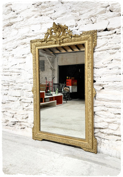 Grand Miroir Ancien Doré à Fronton Napoléon III 146 x 90 cm