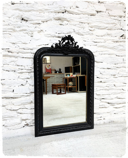 Grand Miroir Ancien Louis Philippe XL Perlé à Fronton Noir