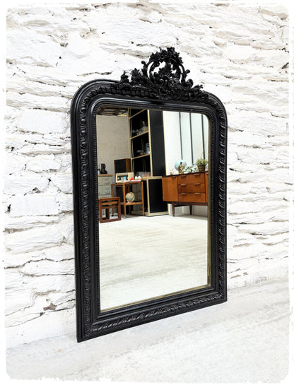 Grand Miroir Ancien Louis Philippe XL Perlé à Fronton Noir