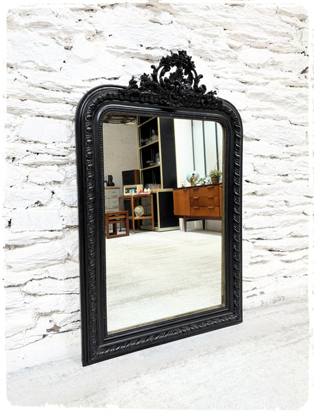 Grand Miroir Ancien Louis Philippe XL Perlé à Fronton Noir