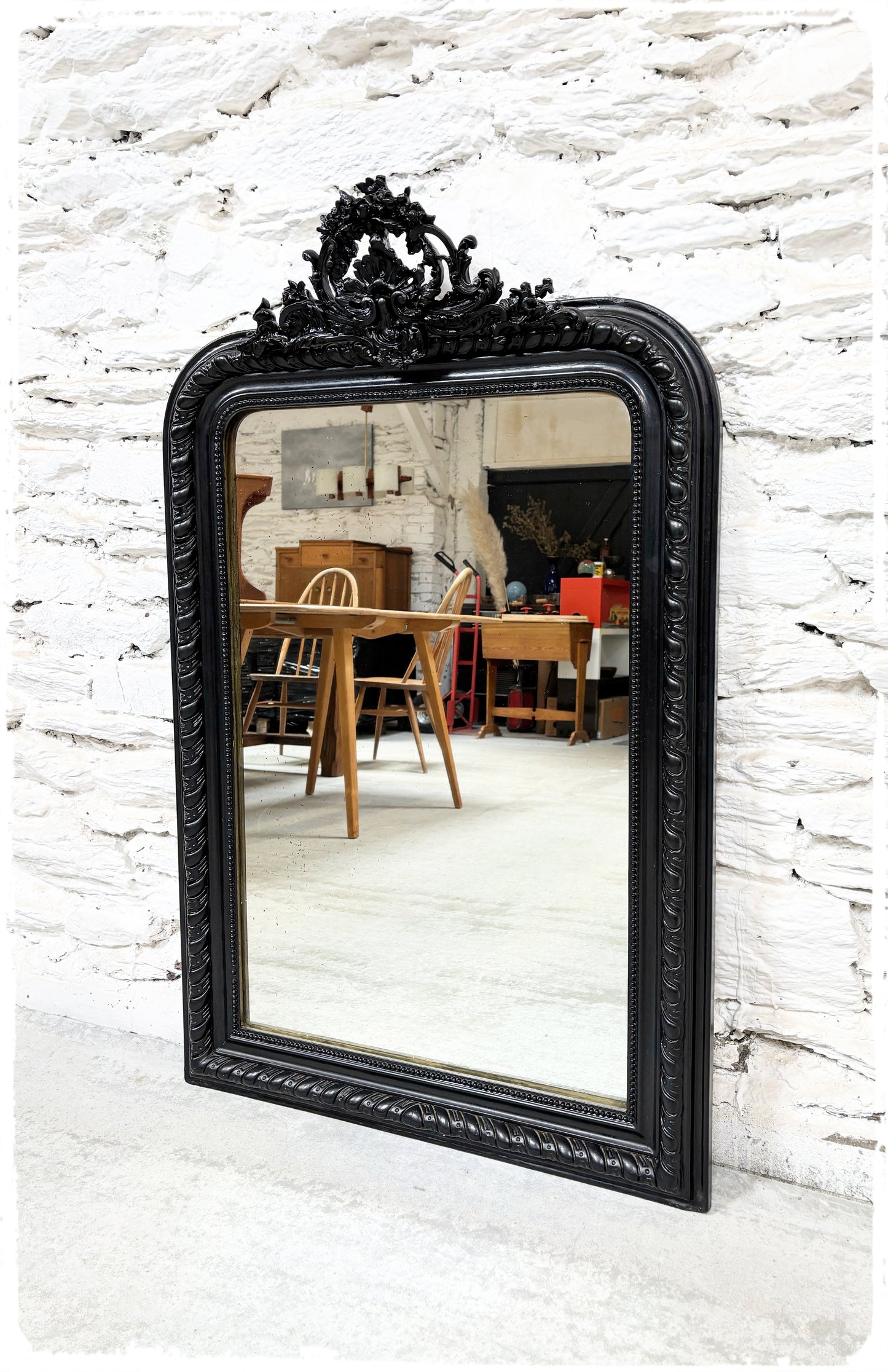Grand Miroir Ancien Louis Philippe XL Perlé à Fronton Noir