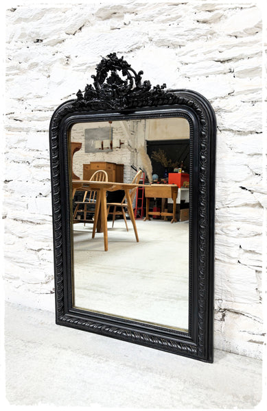 Grand Miroir Ancien Louis Philippe XL Perlé à Fronton Noir