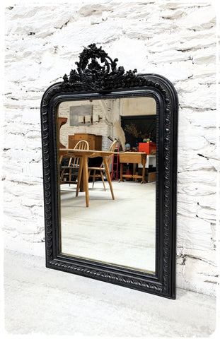 Grand Miroir Ancien Louis Philippe XL Perlé à Fronton Noir