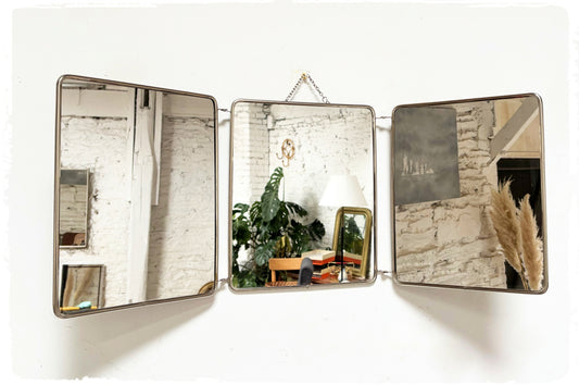 Grand Miroir de Barbier Triptyque Vintage Avec Chaînette Métal