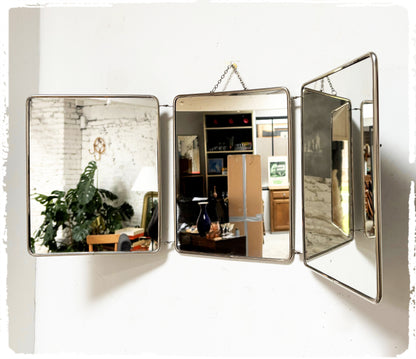 Grand Miroir de Barbier Triptyque Vintage Avec Chaînette Métal