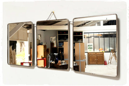 Grand Miroir de Barbier Triptyque Vintage Avec Chaînette Métal