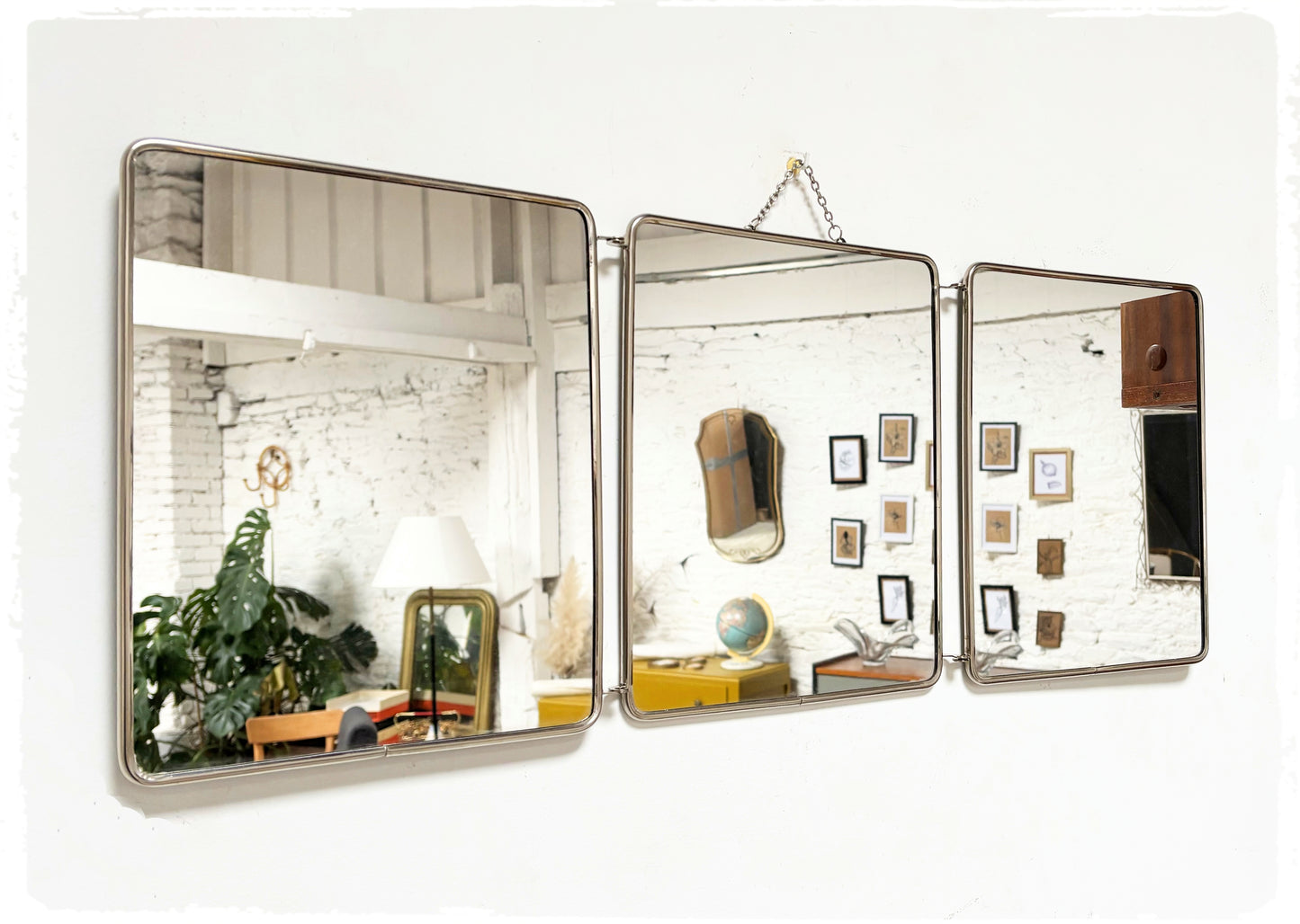 Grand Miroir de Barbier Triptyque Vintage Avec Chaînette Métal