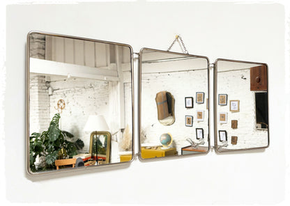 Grand Miroir de Barbier Triptyque Vintage Avec Chaînette Métal