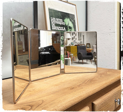 Grand Miroir de Barbier Triptyque Vintage Avec Chaînette Métal