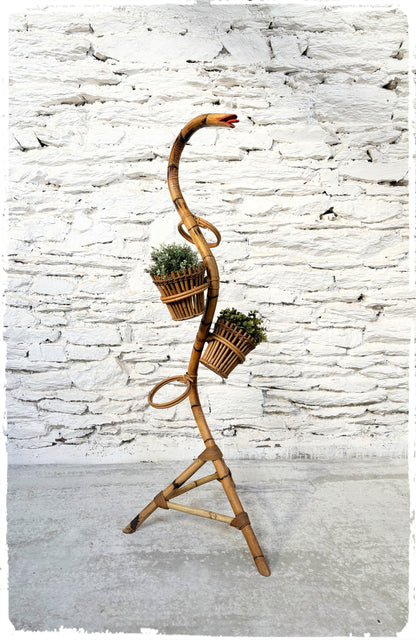 Grand Porte Plantes Serpent Vintage Bambou et Rotin