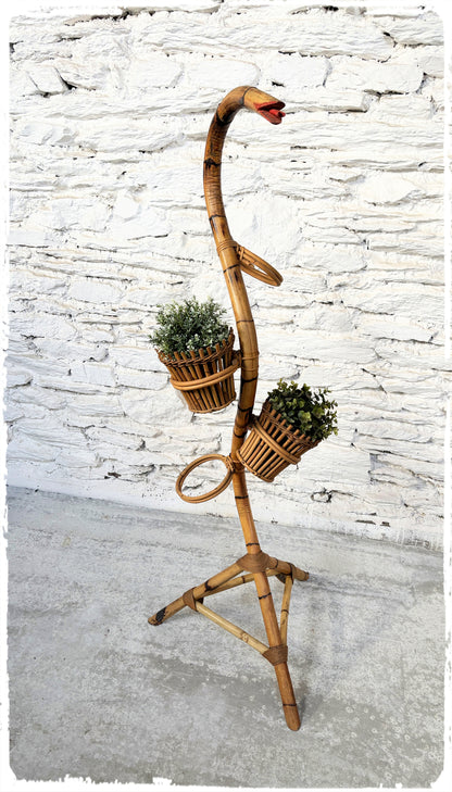 Grand Porte Plantes Serpent Vintage Bambou et Rotin