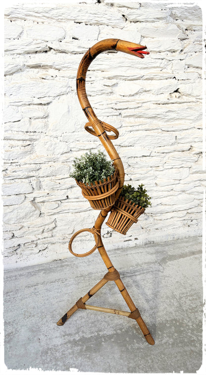Grand Porte Plantes Serpent Vintage Bambou et Rotin