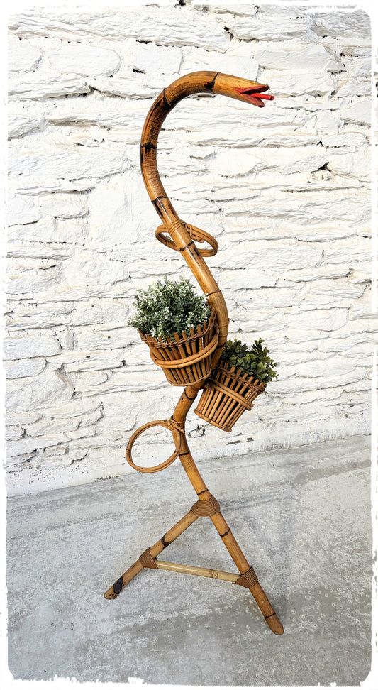 Grand Porte Plantes Serpent Vintage Bambou et Rotin